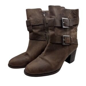 Lauren Ralph Lauren Gen Brown Leather Buckle Ankle Boots 9.5B Moto Block Heel
